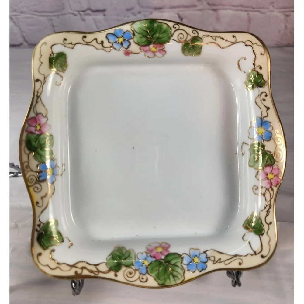 Set of 4 Vintage Hand Painted Nippon Plate Gold Floral Trim Square Dish Tray